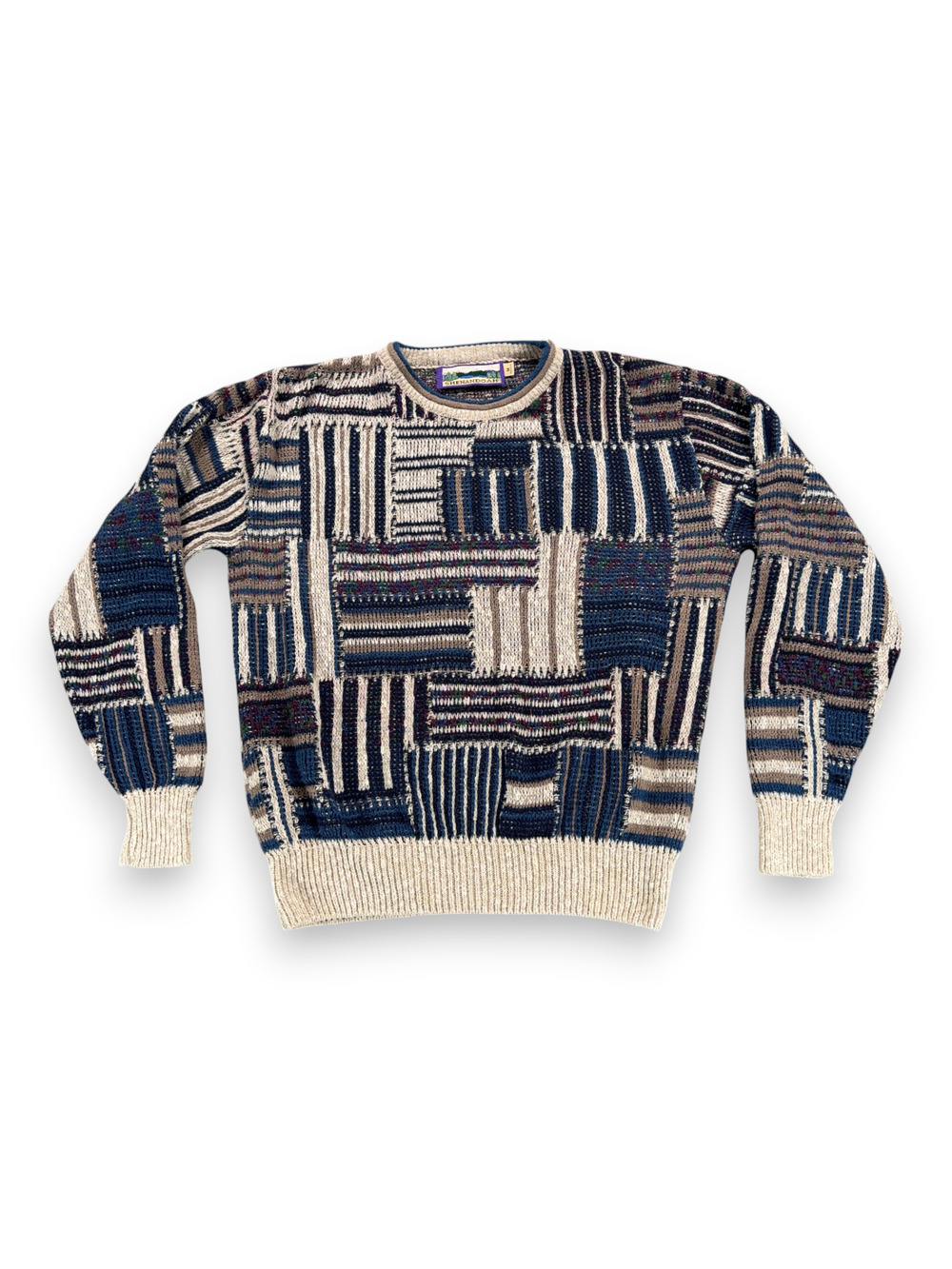 Vintage Shenandoah Sweater Adult MEDIUM Blue Patchwork Geometric Knit USA 90s